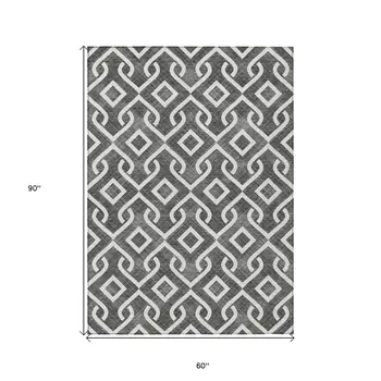 5' X 8' Black And Ivory Geometric Washable Indoor Outdoor Area Rug