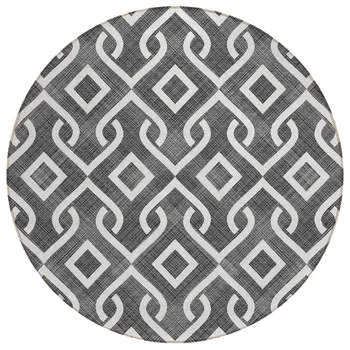 8' Black And Ivory Round Geometric Washable Indoor Outdoor Area Rug
