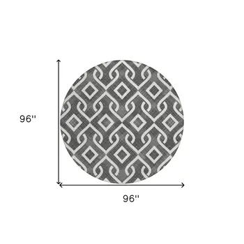 8' Black And Ivory Round Geometric Washable Indoor Outdoor Area Rug