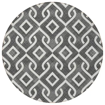 8' Black And Ivory Round Geometric Washable Indoor Outdoor Area Rug