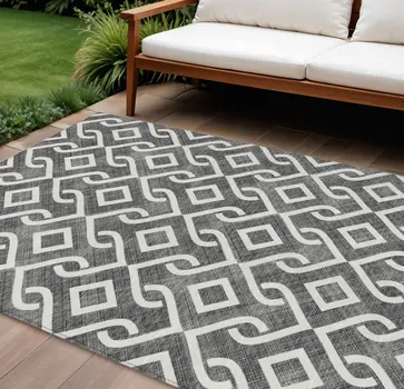 8' X 10' Black And Ivory Geometric Washable Indoor Outdoor Area Rug