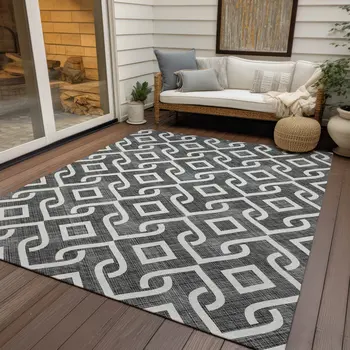 8' X 10' Black And Ivory Geometric Washable Indoor Outdoor Area Rug
