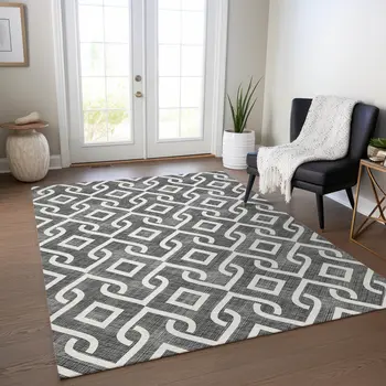 8' X 10' Black And Ivory Geometric Washable Indoor Outdoor Area Rug