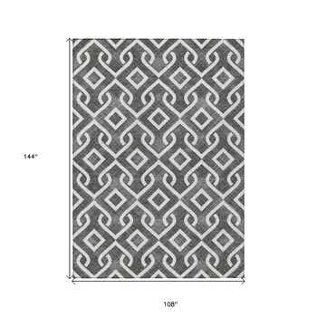 9' X 12' Black And Ivory Geometric Washable Indoor Outdoor Area Rug