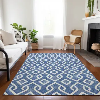 3' X 5' Blue And Ivory Geometric Washable Indoor Outdoor Area Rug