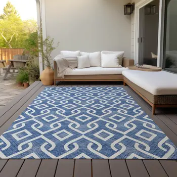 5' X 8' Blue And Ivory Geometric Washable Indoor Outdoor Area Rug