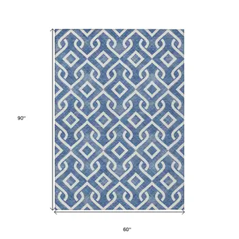 5' X 8' Blue And Ivory Geometric Washable Indoor Outdoor Area Rug