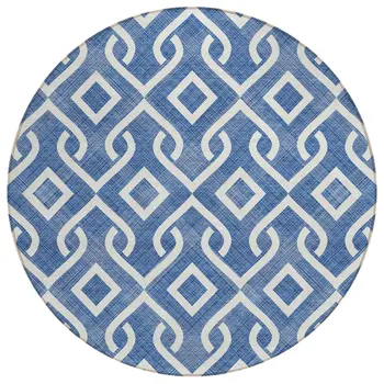 8' Blue And Ivory Round Geometric Washable Indoor Outdoor Area Rug
