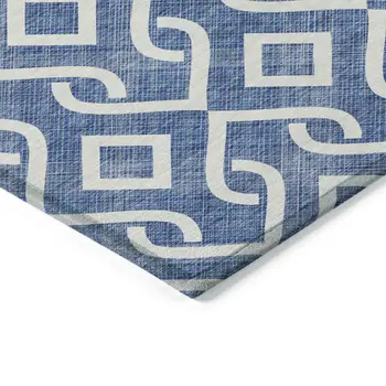 8' Blue And Ivory Round Geometric Washable Indoor Outdoor Area Rug