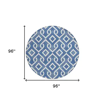 8' Blue And Ivory Round Geometric Washable Indoor Outdoor Area Rug