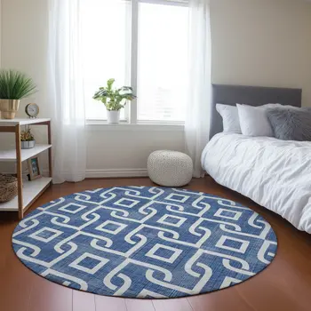 8' Blue And Ivory Round Geometric Washable Indoor Outdoor Area Rug