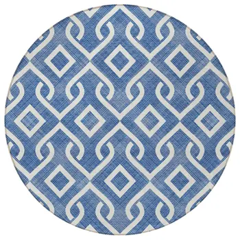 8' Blue And Ivory Round Geometric Washable Indoor Outdoor Area Rug
