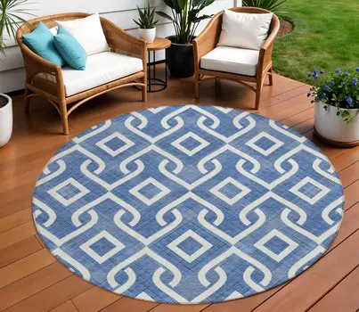 8' Blue And Ivory Round Geometric Washable Indoor Outdoor Area Rug