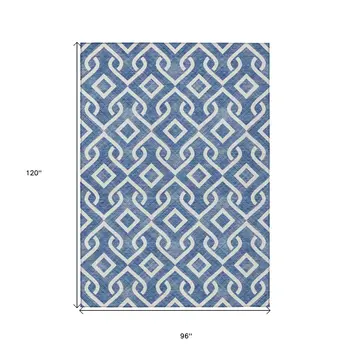 8' X 10' Blue And Ivory Geometric Washable Indoor Outdoor Area Rug