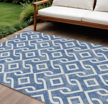 10' X 14' Blue And Ivory Geometric Washable Indoor Outdoor Area Rug