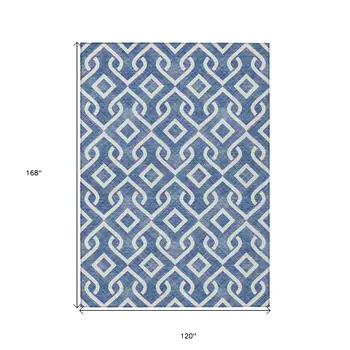 10' X 14' Blue And Ivory Geometric Washable Indoor Outdoor Area Rug
