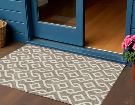 3' X 5' Brown And Ivory Geometric Washable Indoor Outdoor Area Rug