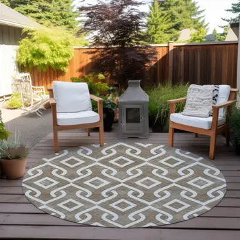 8' Brown And Ivory Round Geometric Washable Indoor Outdoor Area Rug