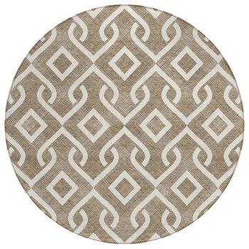 8' Brown And Ivory Round Geometric Washable Indoor Outdoor Area Rug