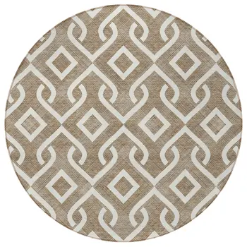 8' Brown And Ivory Round Geometric Washable Indoor Outdoor Area Rug