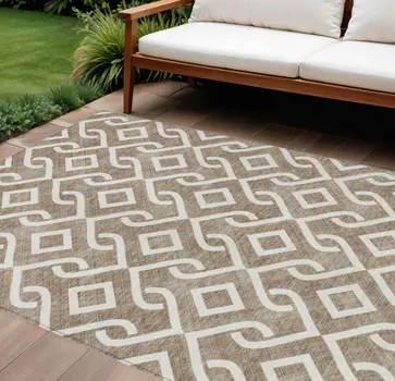 9' X 12' Brown And Ivory Geometric Washable Indoor Outdoor Area Rug