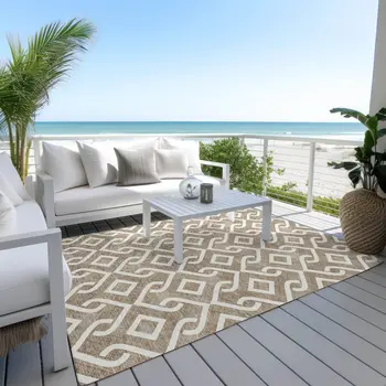 10' X 14' Brown And Ivory Geometric Washable Indoor Outdoor Area Rug