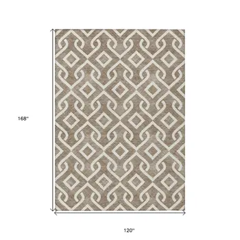10' X 14' Brown And Ivory Geometric Washable Indoor Outdoor Area Rug