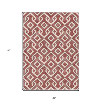 3' X 5' Burgundy And Ivory Geometric Washable Indoor Outdoor Area Rug