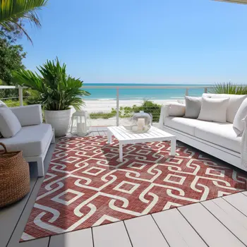 5' X 8' Burgundy And Ivory Geometric Washable Indoor Outdoor Area Rug