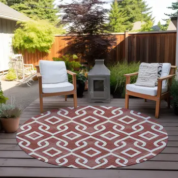 8' Burgundy And Ivory Round Geometric Washable Indoor Outdoor Area Rug