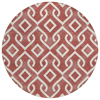 8' Burgundy And Ivory Round Geometric Washable Indoor Outdoor Area Rug