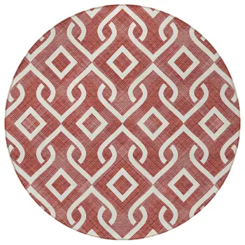 8' Burgundy And Ivory Round Geometric Washable Indoor Outdoor Area Rug
