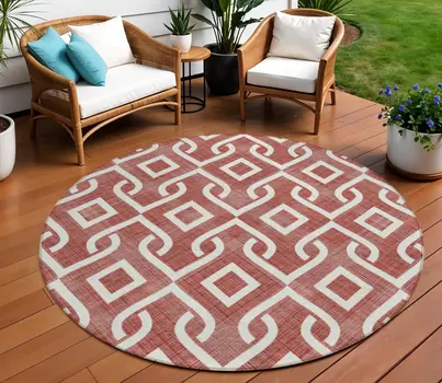 8' Burgundy And Ivory Round Geometric Washable Indoor Outdoor Area Rug
