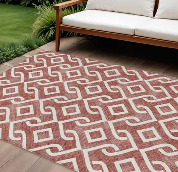 8' X 10' Burgundy And Ivory Geometric Washable Indoor Outdoor Area Rug