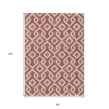8' X 10' Burgundy And Ivory Geometric Washable Indoor Outdoor Area Rug