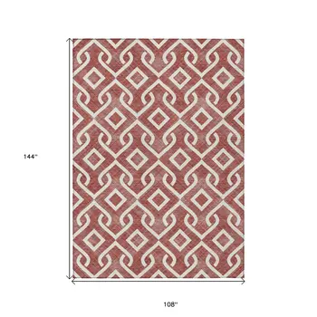 9' X 12' Burgundy And Ivory Geometric Washable Indoor Outdoor Area Rug