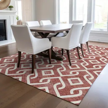 9' X 12' Burgundy And Ivory Geometric Washable Indoor Outdoor Area Rug