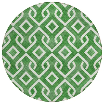 8' Emerald And Ivory Round Geometric Washable Indoor Outdoor Area Rug