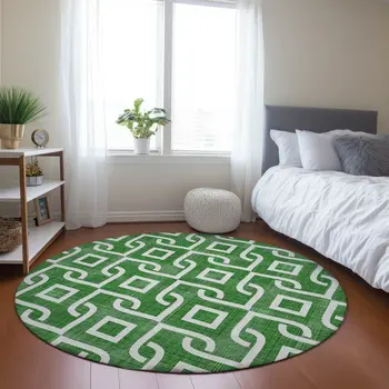 8' Emerald And Ivory Round Geometric Washable Indoor Outdoor Area Rug
