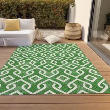 8' X 10' Emerald And Ivory Geometric Washable Indoor Outdoor Area Rug
