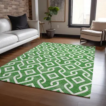 8' X 10' Emerald And Ivory Geometric Washable Indoor Outdoor Area Rug
