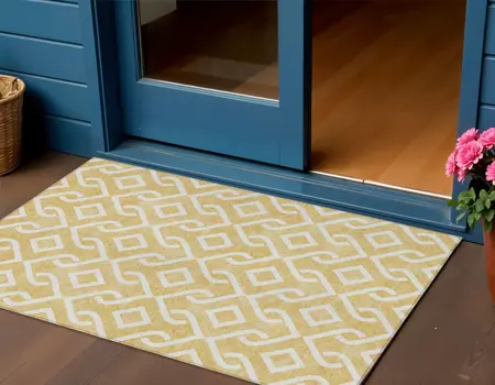 3' X 5' Gold And Ivory Geometric Washable Indoor Outdoor Area Rug