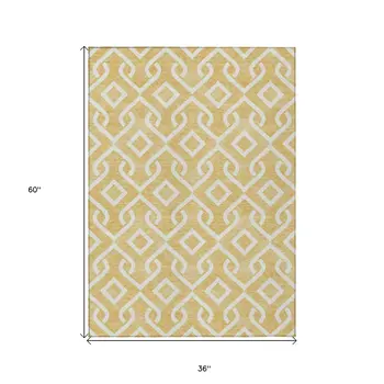 3' X 5' Gold And Ivory Geometric Washable Indoor Outdoor Area Rug