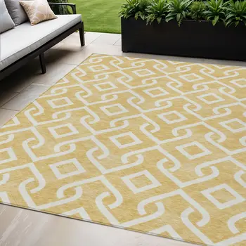 5' X 8' Gold And Ivory Geometric Washable Indoor Outdoor Area Rug