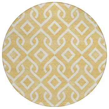 8' Gold And Ivory Round Geometric Washable Indoor Outdoor Area Rug