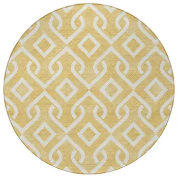 8' Gold And Ivory Round Geometric Washable Indoor Outdoor Area Rug