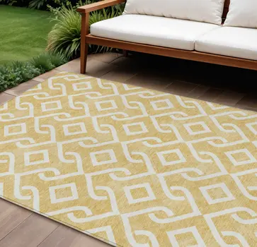 8' X 10' Gold And Ivory Geometric Washable Indoor Outdoor Area Rug