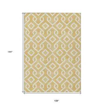 9' X 12' Gold And Ivory Geometric Washable Indoor Outdoor Area Rug