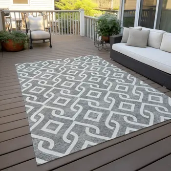 3' X 5' Gray And Ivory Geometric Washable Indoor Outdoor Area Rug