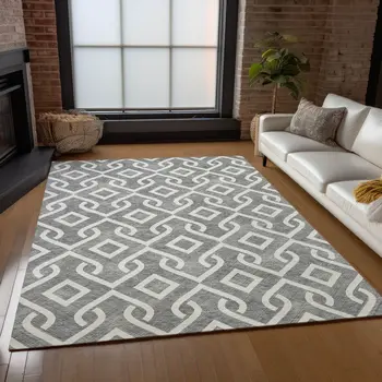 3' X 5' Gray And Ivory Geometric Washable Indoor Outdoor Area Rug